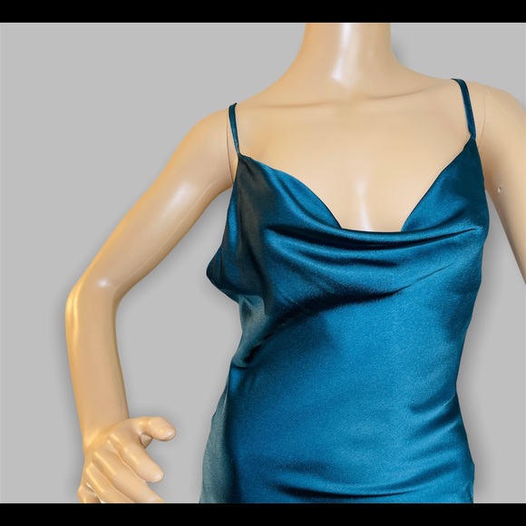 Sexy Split Ruched Women’s Navy Blue Satin Body Dress New - Picture 5 of 11